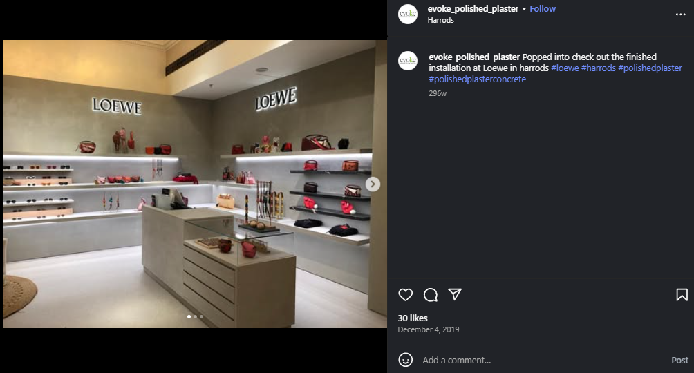 Instagram post featuring a store interior with neatly arranged shelves filled with various products