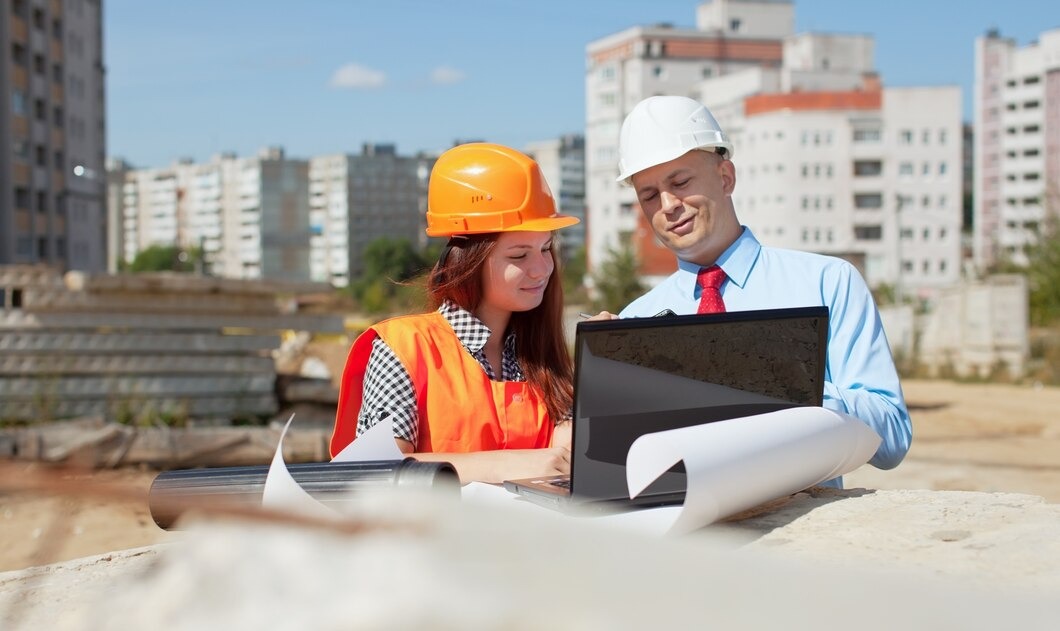 Two workers in hard hats and safety vests collaborate on a laptop at a construction site