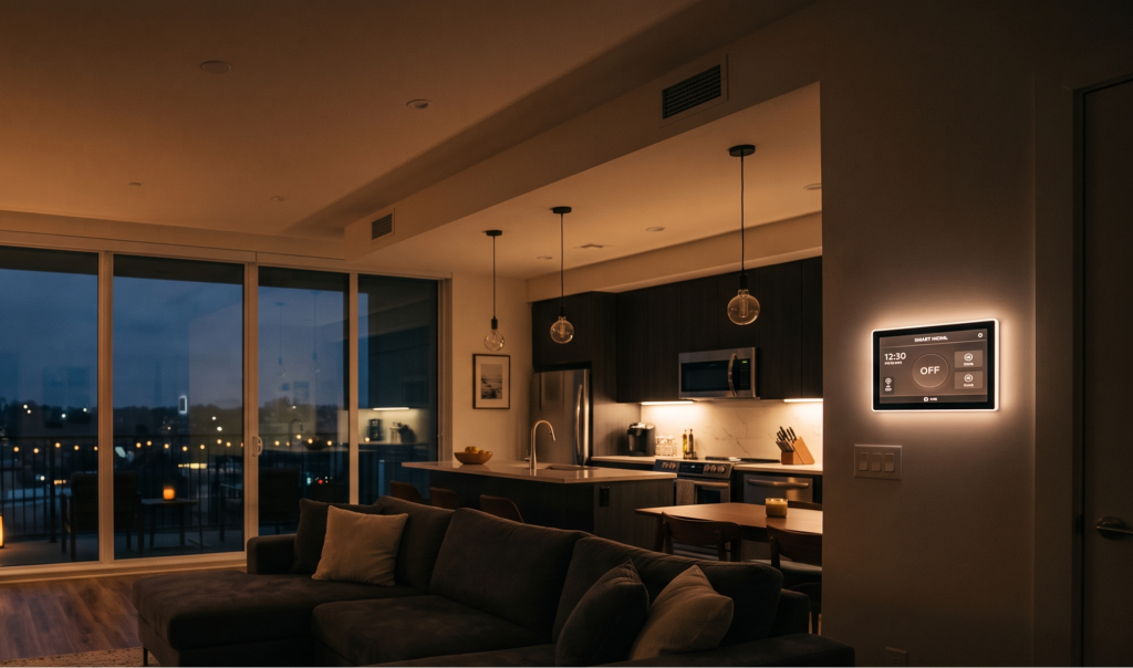 Modern living room with smart home control panel, ambient lighting, and sleek kitchen viewed through large windows